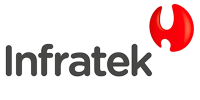 Infratek-logo. Tummanharmaa teksti "Infratek" ja sen oikealla puolella kiiltävä, punainen, abstrakti muoto, joka muistuttaa tyyliteltyä h-kirjainta.