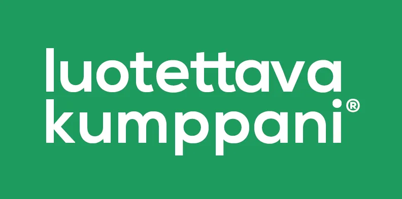 Vihreällä pohjalla valkoinen teksti "luotettava kumppani" ja rekisteröidyn tavaramerkin symboli.