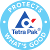 Vaaleansininen pyöreä tunnus, jonka keskellä on valkoinen ympyrä. Ympyrän sisällä on Tetra Pak -logo: sininen kolmio, sininen tyylitelty alfa-symboli punaisella yksityiskohdalla ja sininen teksti 'Tetra Pak'. Tunnuksen vaaleansinisessä ulkorenkaassa lukee valkoisilla isoilla kirjaimilla 'PROTECTS' ylhäällä ja 'WHAT'S GOOD' alhaalla. Renkaassa on myös neljä pientä valkoista pistettä.