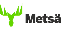 Valkoisella pohjalla Metsä-yrityksen logo. Vasemmalla on kirkkaanvihreä, geometrisista muodoista koostuva hirvenpää. Oikealla on musta teksti "Metsä".